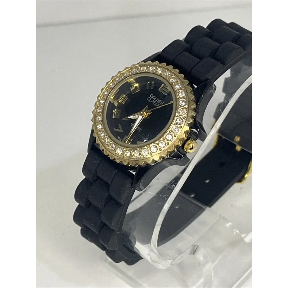 Golden Classic Women's Watch Crystal Bezel Black Silicone‎ Band- New Battery